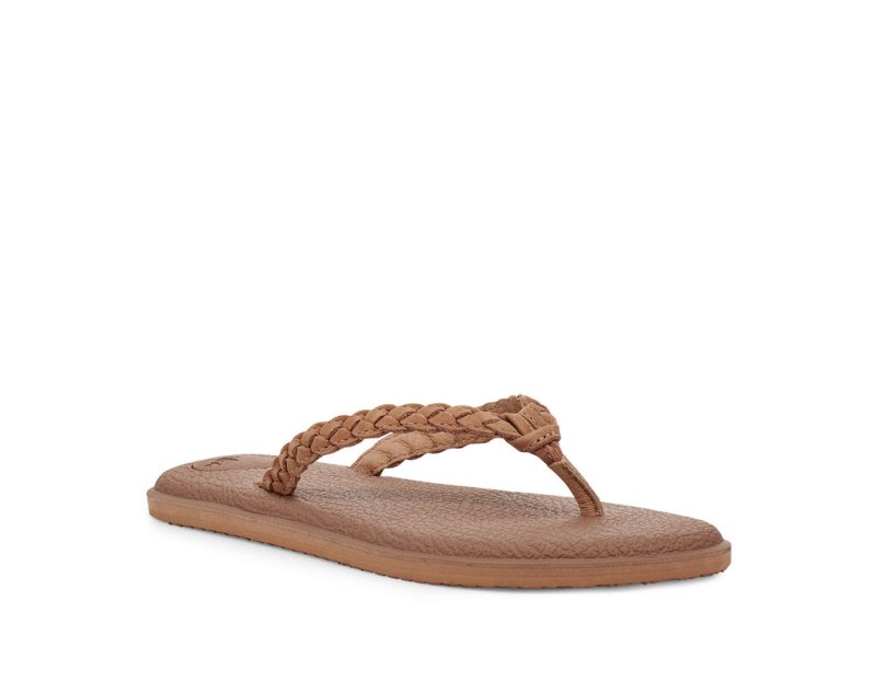 Sanuk Womens Yoga Braid Leather Brown Flip Flops | LCFHJO395